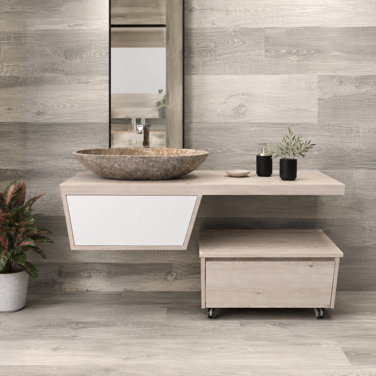 Mobile da bagno sospeso con carrello effetto legno chiaro per lavabi da appoggio da 130 cm.