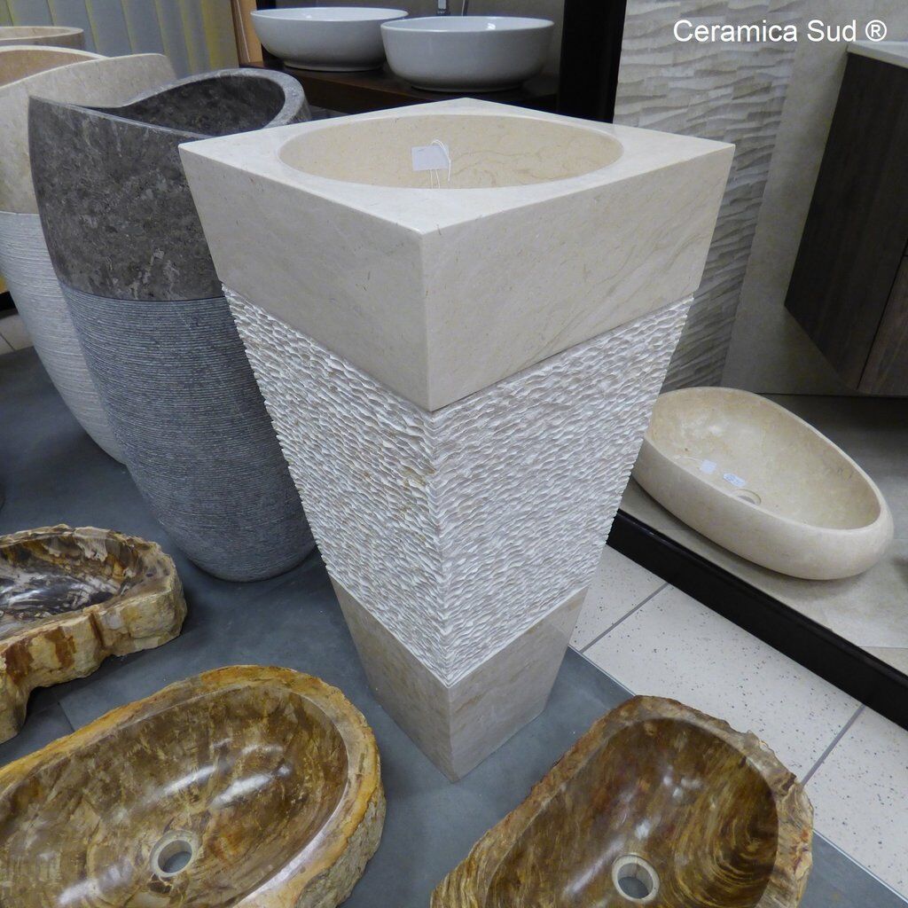 Pyramidenwaschbecken aus echtem Stein  beigem Marmor 40 x 90 cm von Hand  geschnitzt