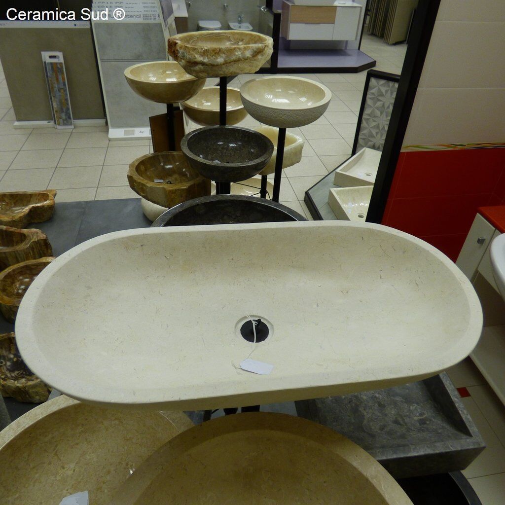 overskæg Rejsende Vibrere Oval bordplade håndvask i hvid stenmarmor / beige elfenben 70 x h.15 cm. -  Sydlig keramik