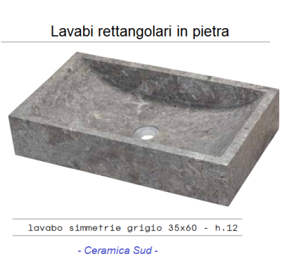 Lavabo grigio marmo pietra da appoggio rettangolare 35 x 60 x 12 cm.
