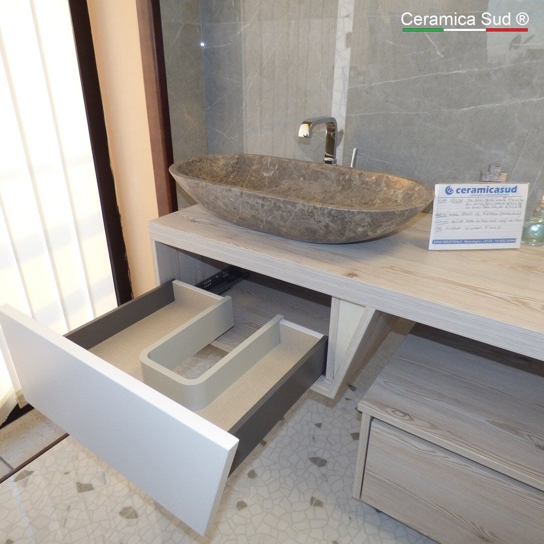 Mobile da bagno sospeso con carrello effetto legno chiaro per lavabi da  appoggio da 130 cm. - Ceramica Sud