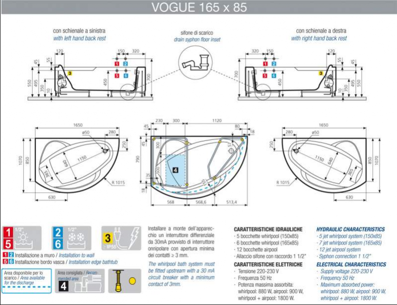 Vasca idromassaggio angolare destra 165x85 semicircolare con rubinetteria  bordo vasca Vogue-Novellini