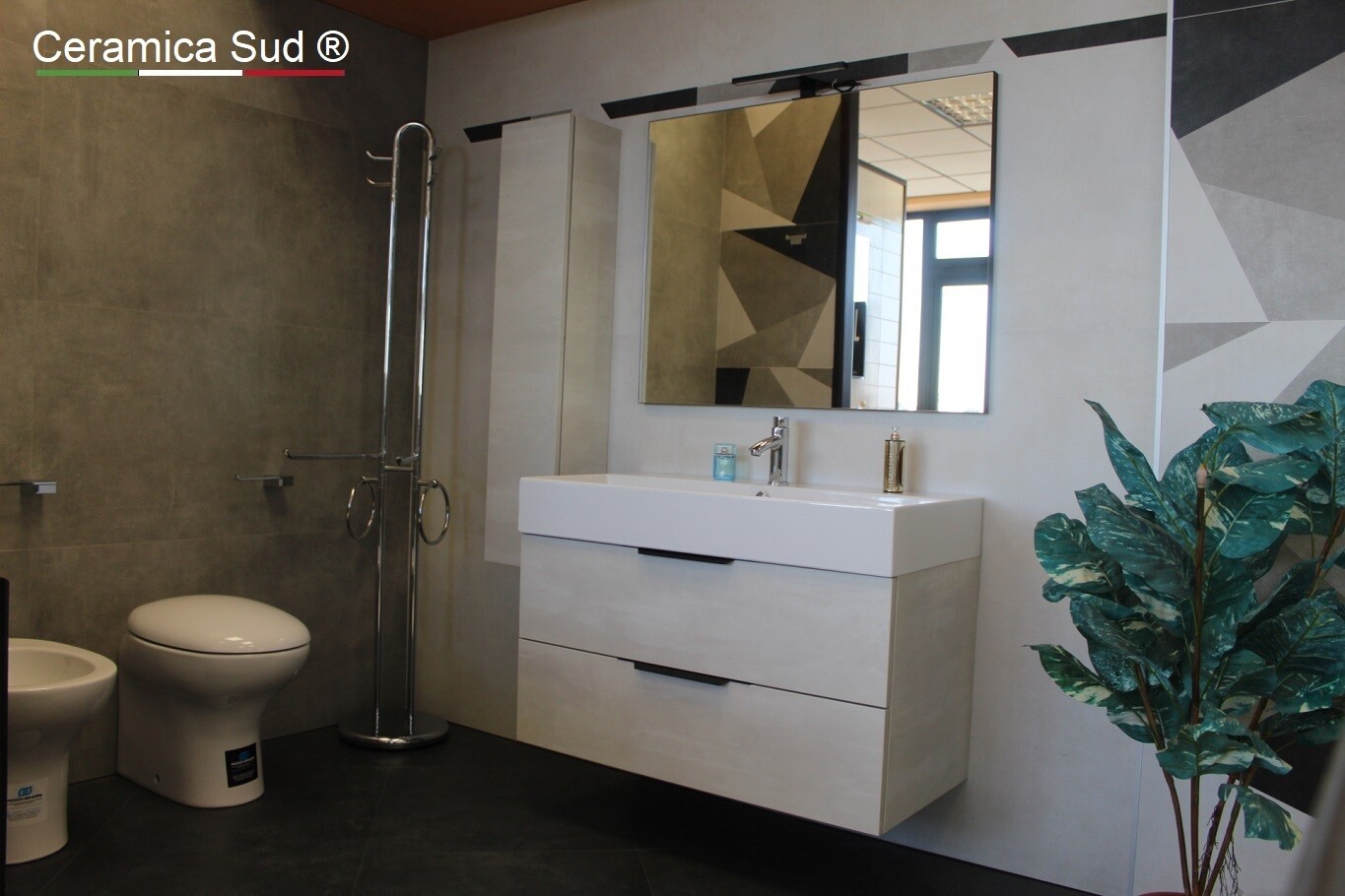 Mobile da bagno moderno sospeso effetto legno chiaro con lavabo XXL e  finiture nere 95 cm. - Ceramica Sud