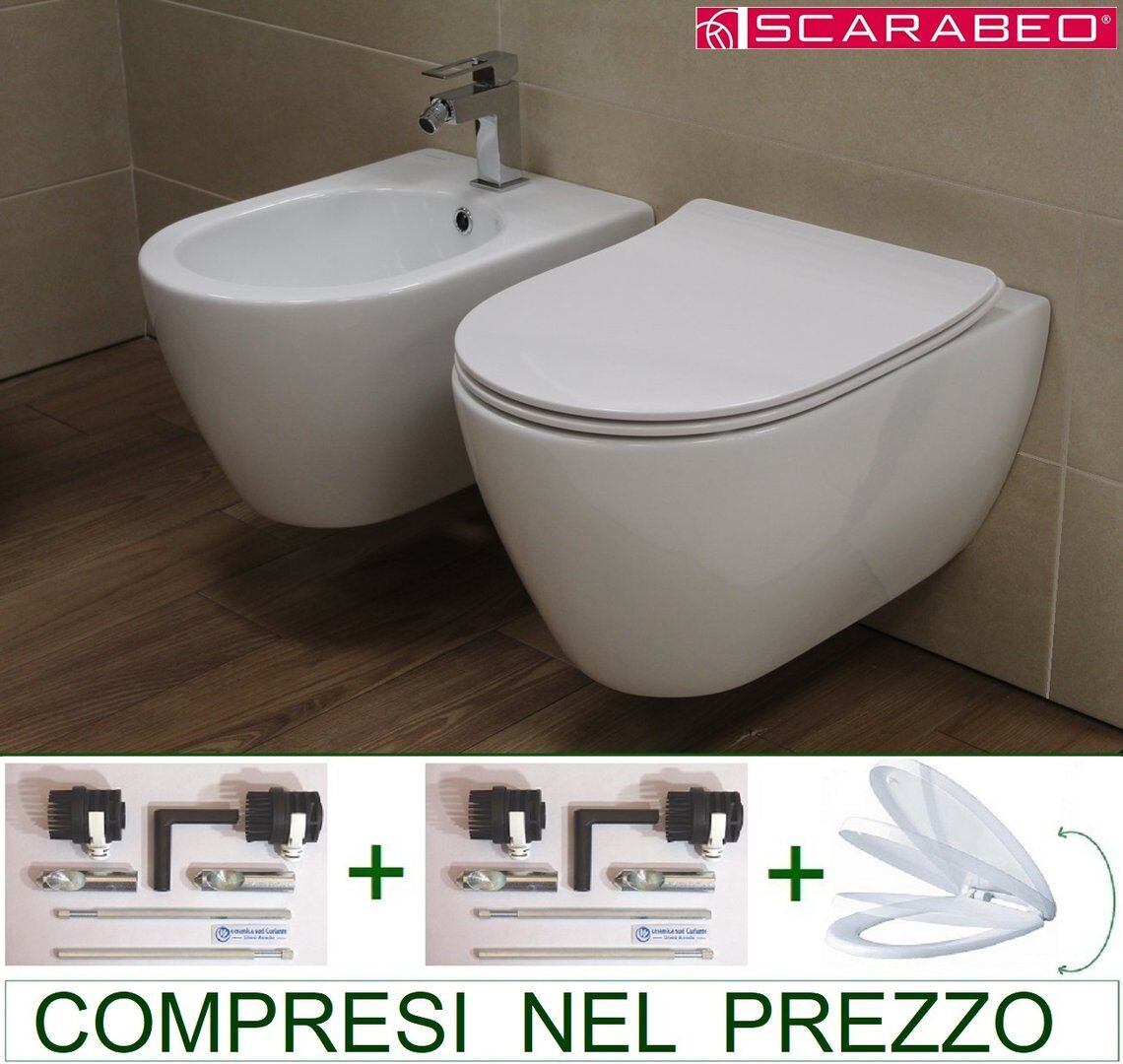 SCARABEO MOON hängende Sanitärkeramik Made in Italy - Wc + Bidet + WC- Abdeckung + Befestigungsset inklusive - Südkeramik