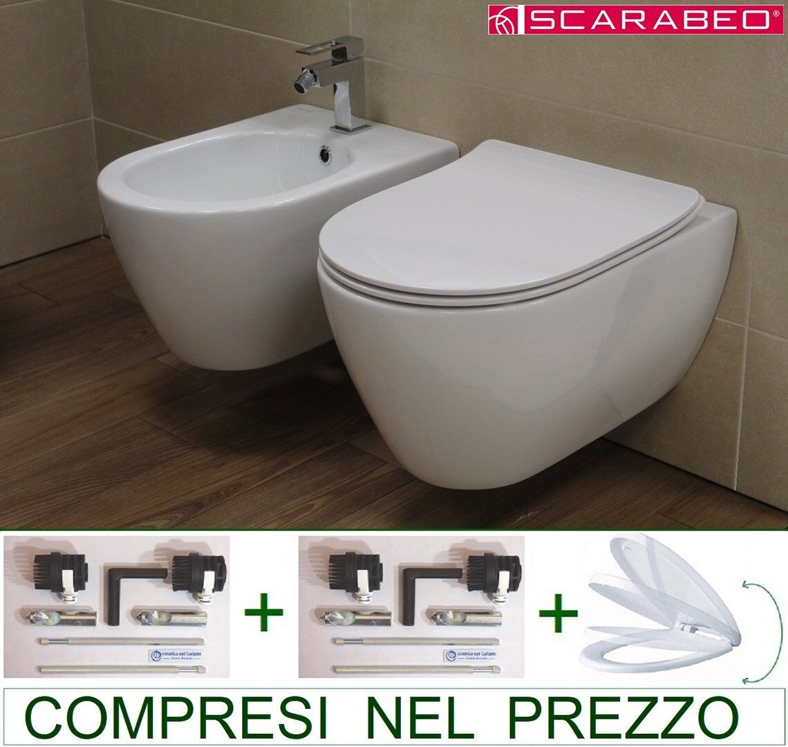 Sanitaires suspendus SCARABEO MOON Made in Italy - Wc + Bidet + Abattant WC  + Kit de fixation inclus - Céramique sud