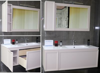 Taupe suspended bathroom cabinet with luxurious EBAN column, 130 cm footprint. - BEST QUALITY