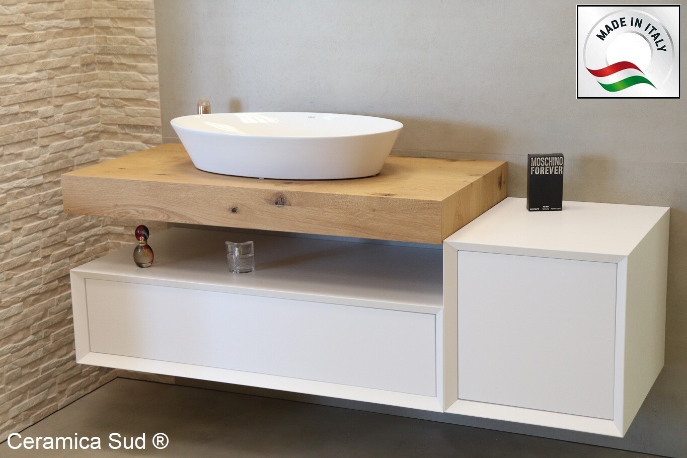 Mobile bagno Made in Italy sospeso in vero legno legno rovere 140