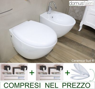 Lille italiensk ophængt sanitetsgrej 48 cm. Fælgefri Domus Falerii - Wc + Bidet + Toiletbetræk + beslag