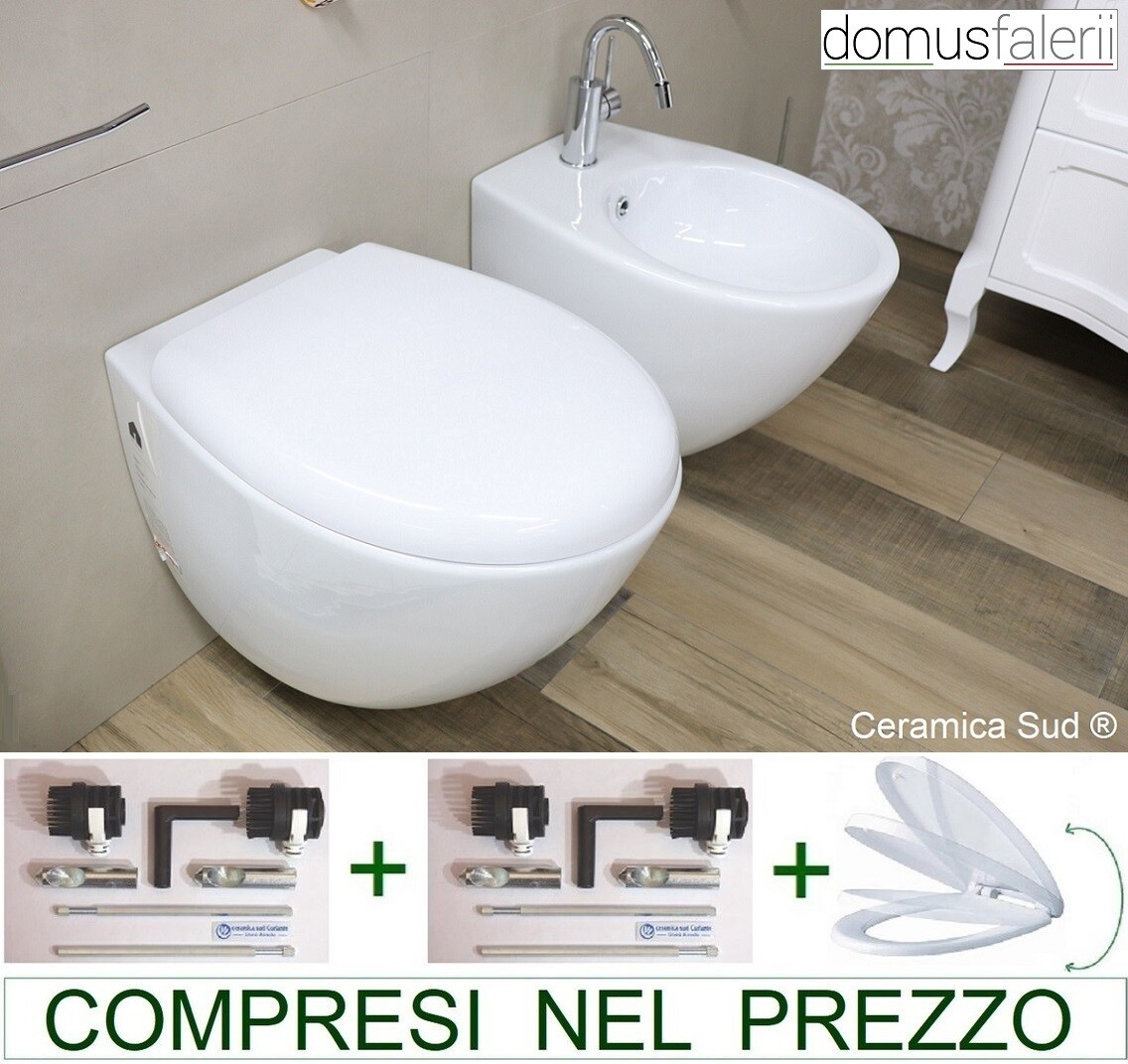 Klein Italiaans hangend sanitair 48 cm. Randvrij Domus Falerii - + Bidet + Toiletdeksel + bevestigingen - Keramiek