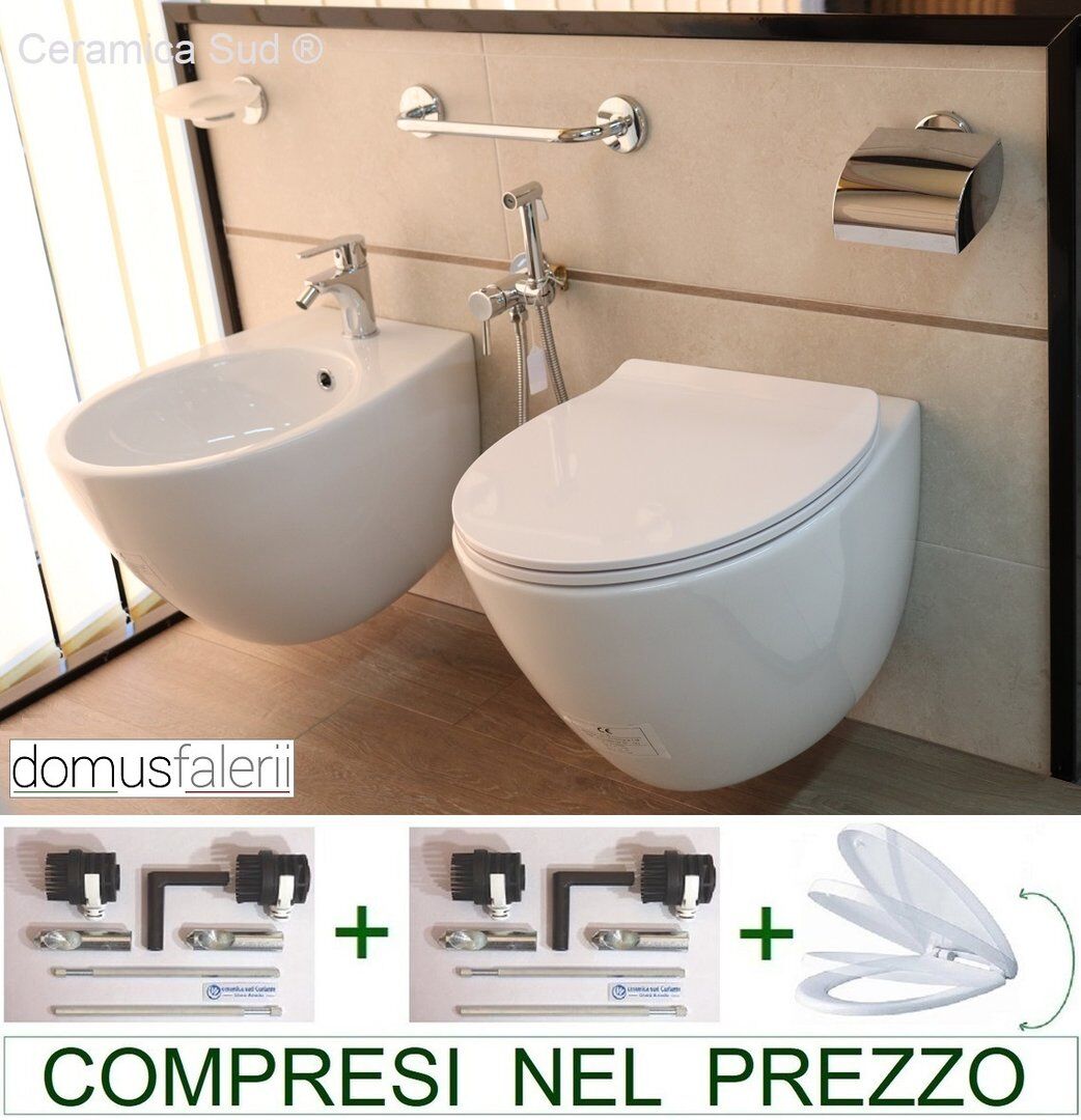 Sanitari sospesi italiani grandi 52 cm. Rimfree Domus Falerii - Wc + Bidet  + Copri-wc + kit fissaggi - Ceramica Sud