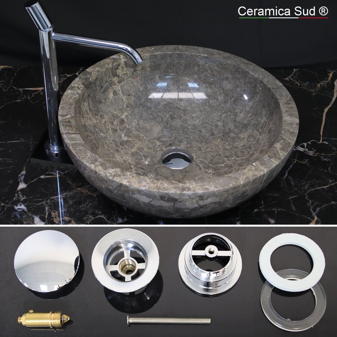 Lavabo appoggio 45 cm. PILETTA INCLUSA rotondo in marmo antracite - Lotto  di cava varietà superiore - Ceramica Sud