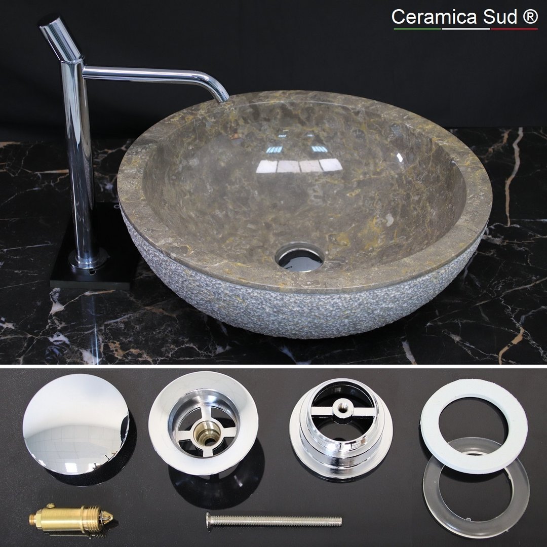 Lavabo appoggio 45 cm. PILETTA INCLUSA tondo marmo grigio scolpito - Lotto  di cava varietà superiore - Ceramica Sud