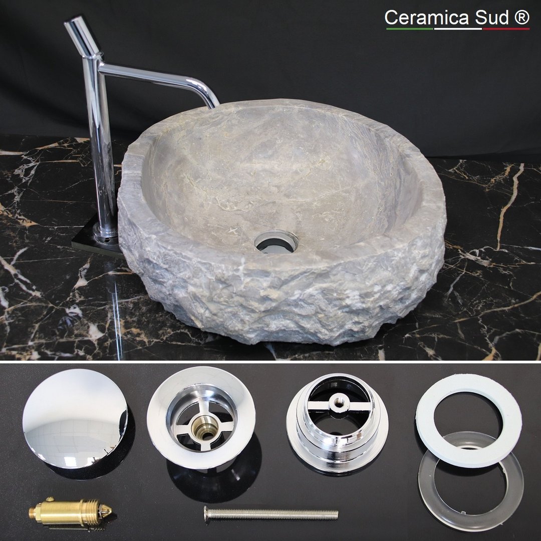 Lavabo appoggio tondo rustico 45 cm. PILETTA INCLUSA marmo grigio - Lotto  di cava varietà superiore - Ceramica Sud