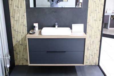 100 cm suspended bathroom cabinet. Wood effect, Made in Italy, mirror, wall lamp, sink included - image 2