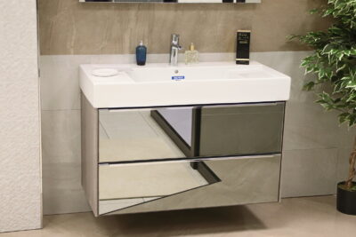 Mobile bagno sospeso moderno da 100 cm. effetto legno quercia con cassetti a specchio - immagine 4