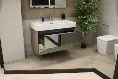 Mobile bagno sospeso moderno da 100 cm. effetto legno quercia con cassetti a specchio - immagine 8