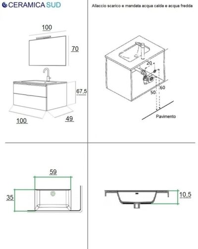 Mobile bagno sospeso moderno da 100 cm. effetto legno quercia con cassetti a specchio - immagine 17