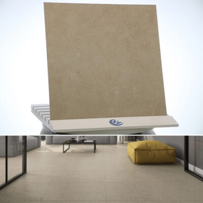 Dunne vloerbedekking voor het leggen van beige porseleinen steengoed met fossiel steeneffect 60 x 60 cm.