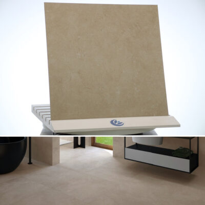Fossil stone effect bathroom tiles in marine sand color in stain-resistant porcelain stoneware