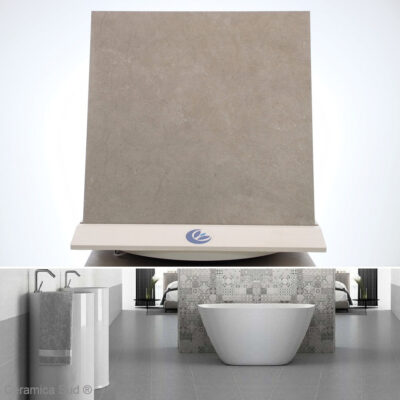 Badeværelsesfliser med grå steneffekt i pletfast porcelænsstentøj 60 x 60 cm.