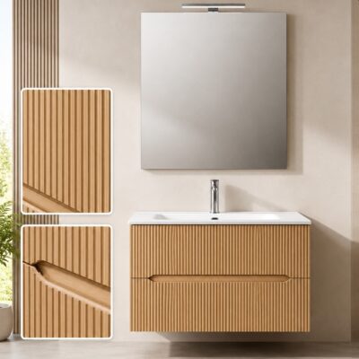 Mobile bagno sospeso effetto legno cannettato sabbiato da 90 cm. - MADE IN ITALY