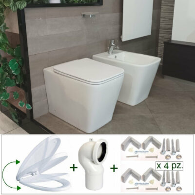 Sanitari filomuro serie Square Alfa - Wc + Bidet + Copri-wc