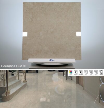 Pavimento da interno lucido a specchio effetto marmo Botticino crema fiorito beige 80 x 77,7 cm.