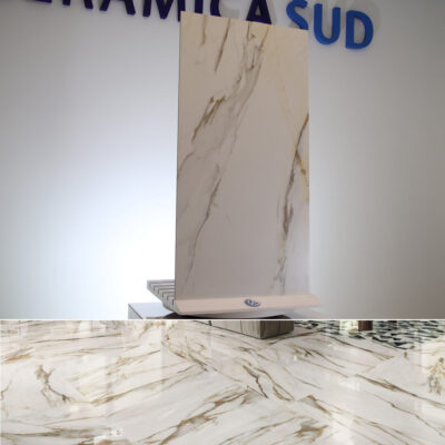 Urlár éifeacht marmair Calacatta ór bán agus earraí cloiche porcelain vein airgid 120 x 60 cm. - íomhá 2