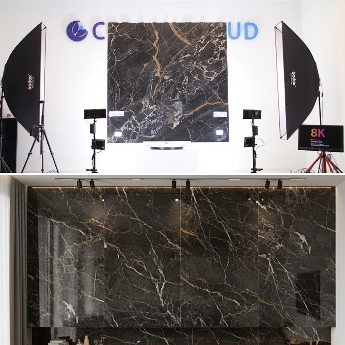 FLORIM Rivestimento per soggiorno e salotto maxi lastra effetto marmo nero brecciato lucido 160 x 160 cm. - immagine 2