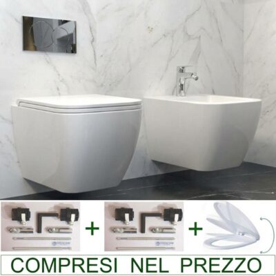 Coppia di sanitari sospesi moderni squadrati ceramica porcellanata antimacchia